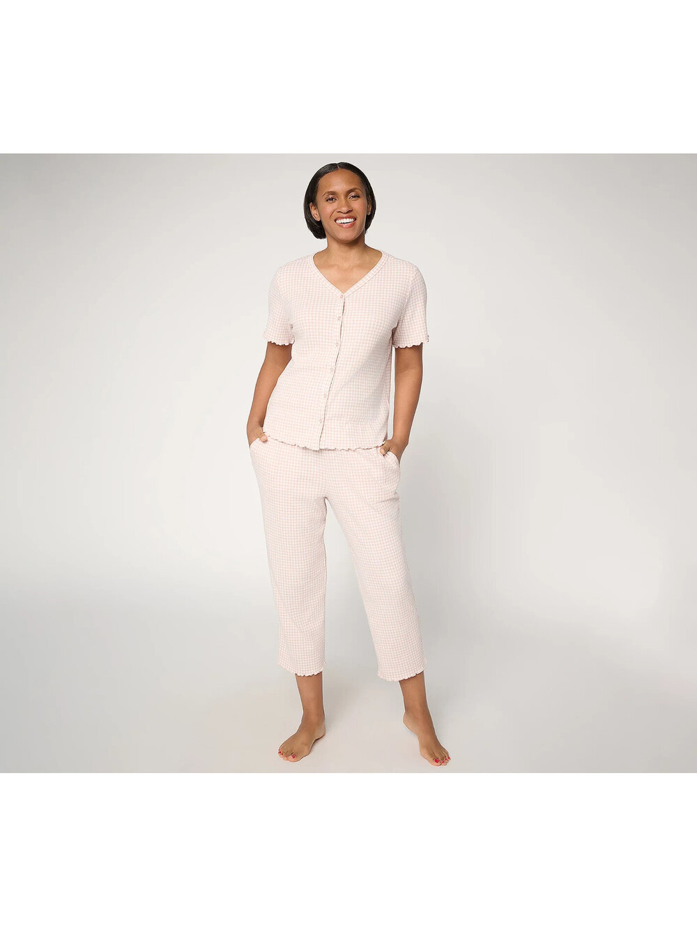 Berkshire Homewear Gingham Waffle Short Sleeve and Capri Set Sepia Rose, Large